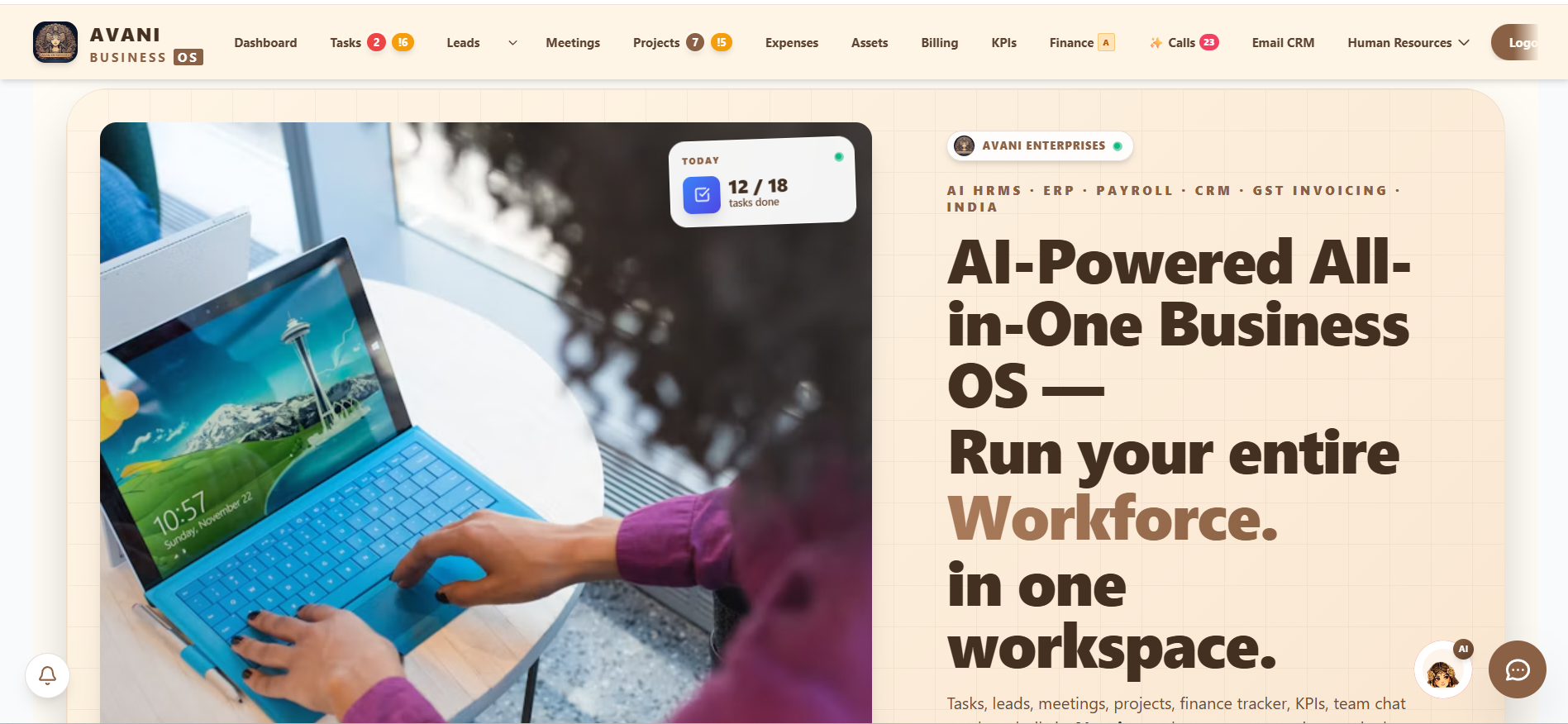 Avani Business OS dashboard — the platform containing the HR automation suite built by Soham Dang